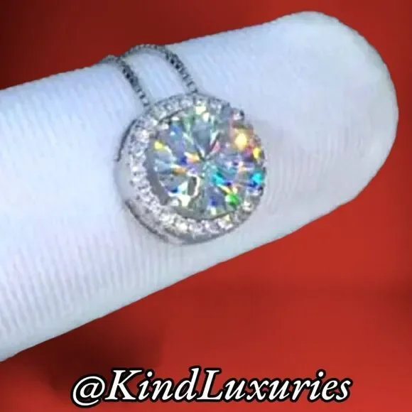 💎277💎 5ct Diamond Moissanite Halo Pendant Necklace 14K White Gold + Sterling